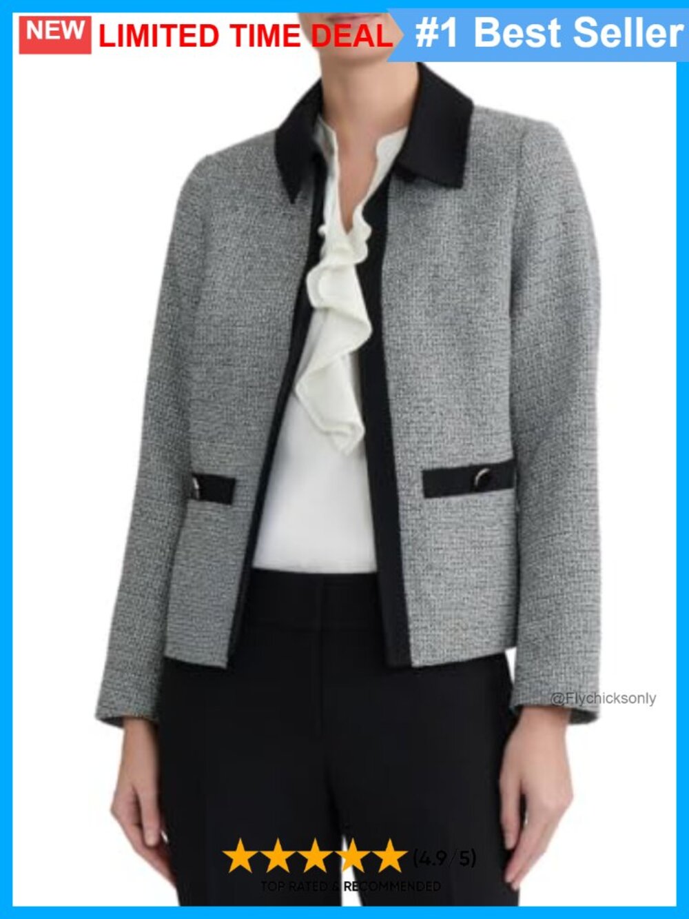 Tweed Open-Front Blazer Structured Shoulders Lantern Sleeve Business Casual